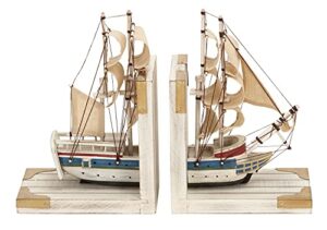 deco 79 wood sail boat bookends with real boat rigging, set of 2 6"w, 9"h, white