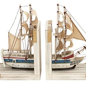 Deco 79 Wood Sail Boat Bookends with Real Boat Rigging, Set of 2 6"W, 9"H, White