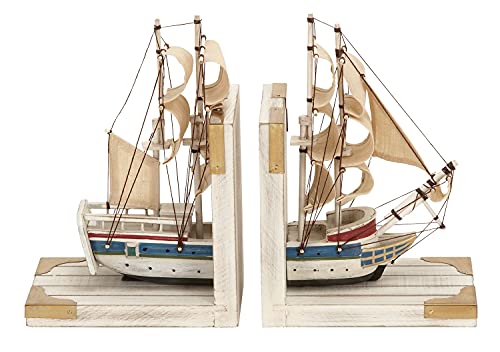 Deco 79 Wood Sail Boat Bookends with Real Boat Rigging, Set of 2 6"W, 9"H, White