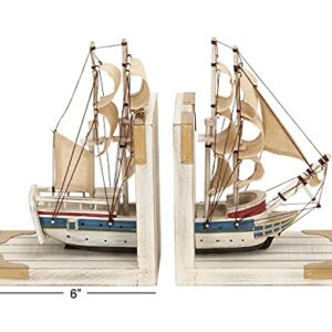 Deco 79 Wood Sail Boat Bookends with Real Boat Rigging, Set of 2 6"W, 9"H, White