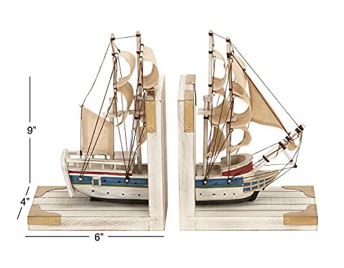 Deco 79 Wood Sail Boat Bookends with Real Boat Rigging, Set of 2 6"W, 9"H, White