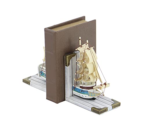 Deco 79 Wood Sail Boat Bookends with Real Boat Rigging, Set of 2 6"W, 9"H, White