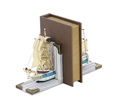 Deco 79 Wood Sail Boat Bookends with Real Boat Rigging, Set of 2 6"W, 9"H, White