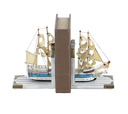 Deco 79 Wood Sail Boat Bookends with Real Boat Rigging, Set of 2 6"W, 9"H, White