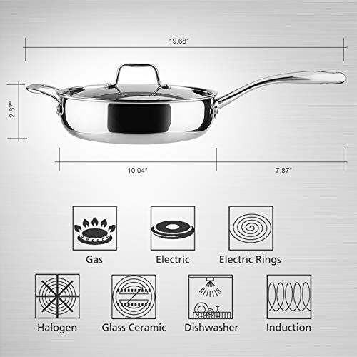 Duxtop Whole-Clad Tri-Ply Stainless Steel Saute Pan with Lid, 3 Quart, Kitchen Induction Cookware