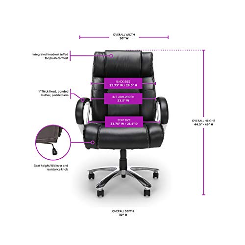 OFM Avenger Leather Big Tall 500lb Max Weight Executive Office Chair, with Lumbar Support, Recline/Tilt Tension Controls, with Wheels for Computer/Desk, Black