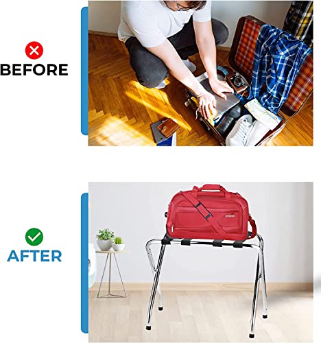 USTECH X-Shape Single Tier Foldable Luggage Rack with Nylon Straps & Rubber Feet for Added Stability | Metal Stand or Temporary Shoe Rack for Guest Room Storage | Perfect for Small Spaces