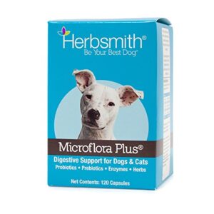 herbsmith microflora plus – dog digestion aid –probiotics and digestive enzymes for dogs – prebiotic for dogs – 120 capsules
