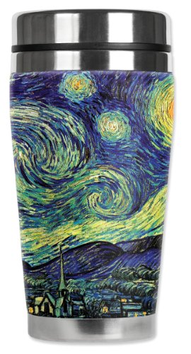 Mugzie Van Gogh Starry Night Travel Mug with Insulated Wetsuit Cover, 16 oz, Black