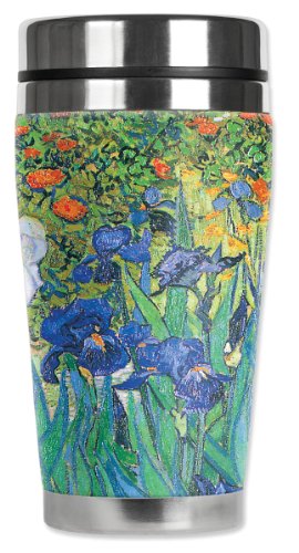 Mugzie Van Gogh Irises Travel Mug with Insulated Wetsuit Cover, 16 oz, Black