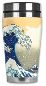 mugzie hokusai great wave travel mug with insulated wetsuit cover, 16 oz, black