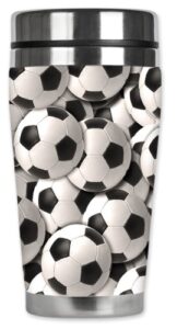 mugzie soccer balls travel mug with insulated wetsuit cover, 16 oz, black