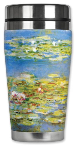 Mugzie Monet Water Lilies Travel Mug with Insulated Wetsuit Cover, 16 oz, Black