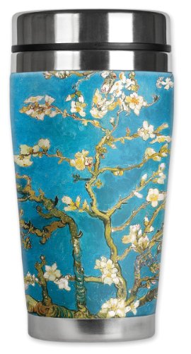 Mugzie Van Gogh Almond Blossoms Travel Mug with Insulated Wetsuit Cover, 16 oz, Black