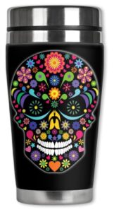 mugzie multi color sugar skull travel mug with insulated wetsuit cover, 16 oz, black