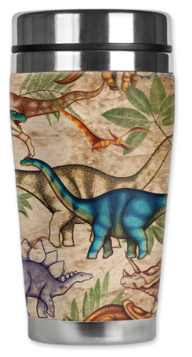 Mugzie Jungle Dinosaurs Travel Mug with Insulated Wetsuit Cover, 16 oz, Black