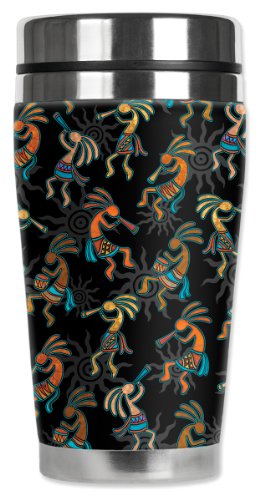 Mugzie Kokopelli Travel Mug with Insulated Wetsuit Cover, 16 oz, Black