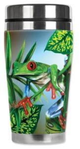 mugzie red toe tree frog travel mug with insulated wetsuit cover, 16 oz, black