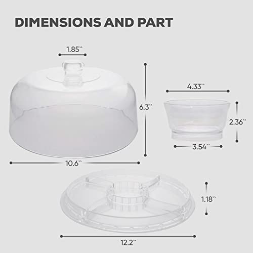 Chef's Star Acrylic Cake Stand with Dome Cover 6 in 1 Multi-Functional Serving Platter and Cake Plate - 12 Inch Use as Desert Platter, Salad Bowl, Veggie Platter, Cake Holder, Nachos & Salsa Plate