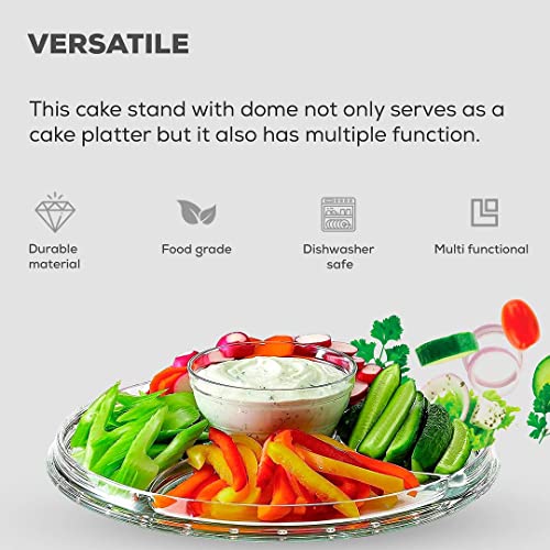 Chef's Star Acrylic Cake Stand with Dome Cover 6 in 1 Multi-Functional Serving Platter and Cake Plate - 12 Inch Use as Desert Platter, Salad Bowl, Veggie Platter, Cake Holder, Nachos & Salsa Plate