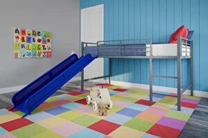 dhp junior twin metal loft bed with slide, multifunctional design, silver with blue slide