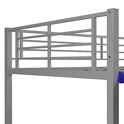 DHP Junior Twin Metal Loft Bed with Slide, Multifunctional Design, Silver with Blue Slide