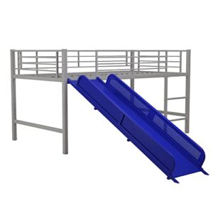 DHP Junior Twin Metal Loft Bed with Slide, Multifunctional Design, Silver with Blue Slide