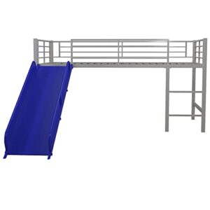 DHP Junior Twin Metal Loft Bed with Slide, Multifunctional Design, Silver with Blue Slide