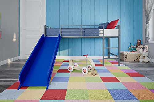 DHP Junior Twin Metal Loft Bed with Slide, Multifunctional Design, Silver with Blue Slide