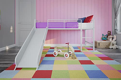 DHP Junior Twin Metal Loft Bed with Slide, Multifunctional Design, White with White Slide