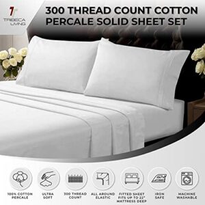 Tribeca Living King Bed Sheet Set, Crisp and Smooth Cotton Percale Solid Sheets and Pillowcase Set, Extra Deep Pocket, 300 Thread Count, 4-Piece Luxury Bedding, White