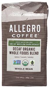 allegro coffee decaf organic whole foods blend whole bean coffee, 12 oz