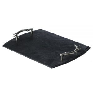 the just slate company handcrafted slate rounded rectangle serving tray, stainless steel antler-shaped handles, medium
