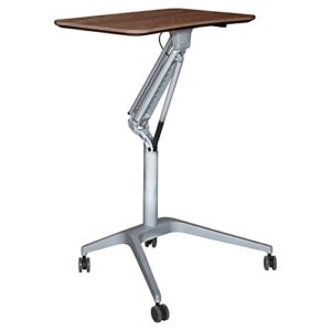 contemporary workpad height adjustable laptop cart desk with pneumatic mechanism, mobile tilt, locking castors, ergonomic curved desktop, for office, college, 19 x 28 in. walnut top