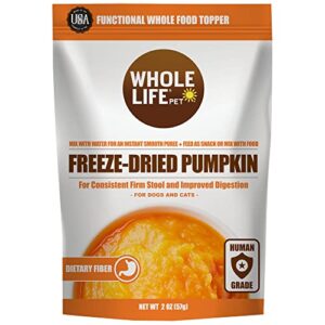 whole life pet pumpkin powder for dogs and cats. firms stool, relieves diarrhea. mix with water for instant puree. no mess or waste from cans. human grade quality