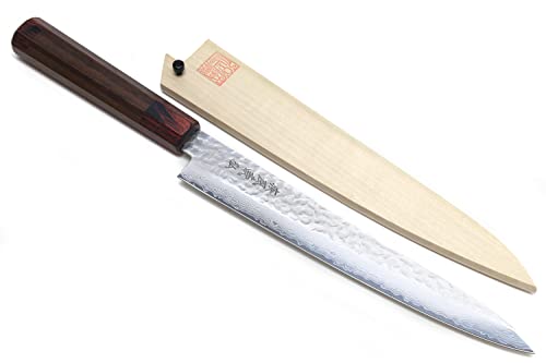 Yoshihiro VG-10 46 Layers Hammered Damascus Sujihiki Japanese Slicer Knife (9.5'' (240mm) Rosewood Handle)