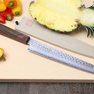 Yoshihiro VG-10 46 Layers Hammered Damascus Sujihiki Japanese Slicer Knife (9.5'' (240mm) Rosewood Handle)