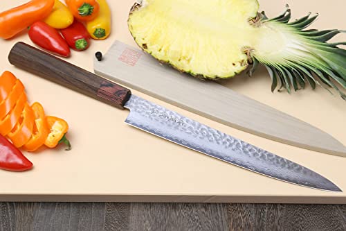 Yoshihiro VG-10 46 Layers Hammered Damascus Sujihiki Japanese Slicer Knife (9.5'' (240mm) Rosewood Handle)