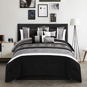 Chic Home Euphoria 8-Piece Embroidered Comforter Set Embroidery Pintuck Bed Skirt and Decorative Pillows Shams, Queen, Black/White