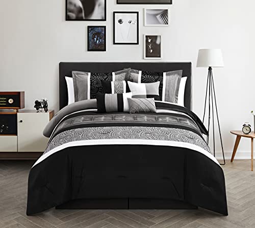 Chic Home Euphoria 8-Piece Embroidered Comforter Set Embroidery Pintuck Bed Skirt and Decorative Pillows Shams, Queen, Black/White