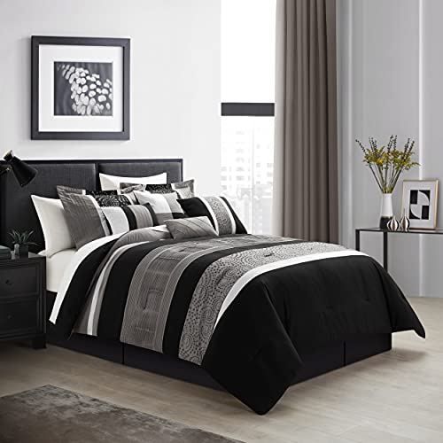 Chic Home Euphoria 8-Piece Embroidered Comforter Set Embroidery Pintuck Bed Skirt and Decorative Pillows Shams, Queen, Black/White