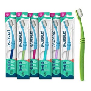 preserve eco friendly adult toothbrushes, made in the usa from recycled plastic, lightweight paper packaging, ultra soft bristles, colors vary, 6 pack