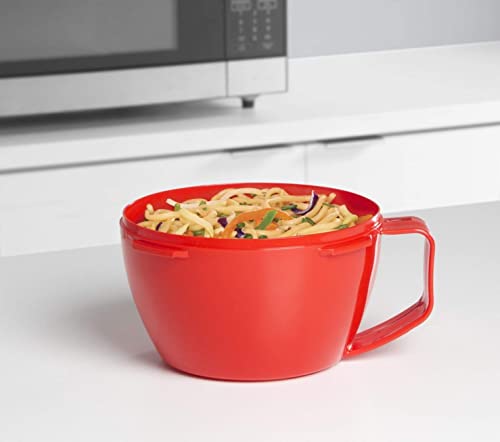 Sistema Microwave Bowl for Noddles, Pasta, and Soup with Lid and Handle, Dishwasher Safe, 31.7-Ounce, Red