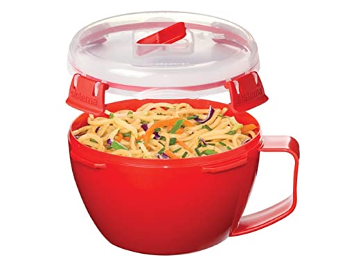 Sistema Microwave Bowl for Noddles, Pasta, and Soup with Lid and Handle, Dishwasher Safe, 31.7-Ounce, Red