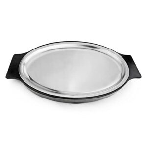 new star foodservice 26733 oval stainless steel sizzling platter with insulated holder, 11.63" x 8", black