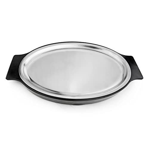 New Star Foodservice 26733 Oval Stainless Steel Sizzling Platter with Insulated Holder, 11.63" x 8", Black