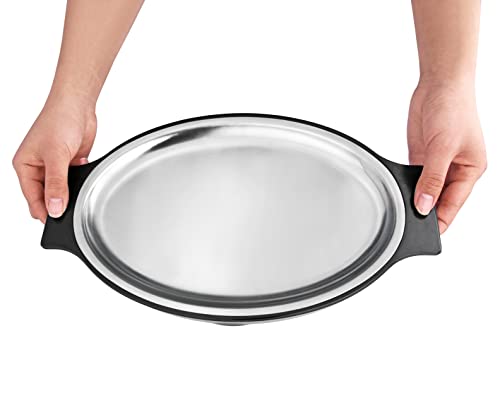 New Star Foodservice 26733 Oval Stainless Steel Sizzling Platter with Insulated Holder, 11.63" x 8", Black