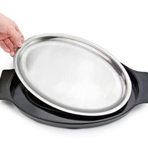 New Star Foodservice 26733 Oval Stainless Steel Sizzling Platter with Insulated Holder, 11.63" x 8", Black