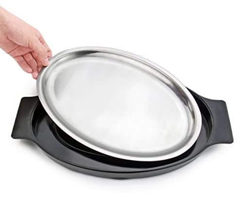 New Star Foodservice 26733 Oval Stainless Steel Sizzling Platter with Insulated Holder, 11.63" x 8", Black