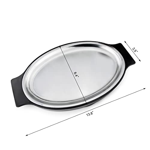 New Star Foodservice 26733 Oval Stainless Steel Sizzling Platter with Insulated Holder, 11.63" x 8", Black